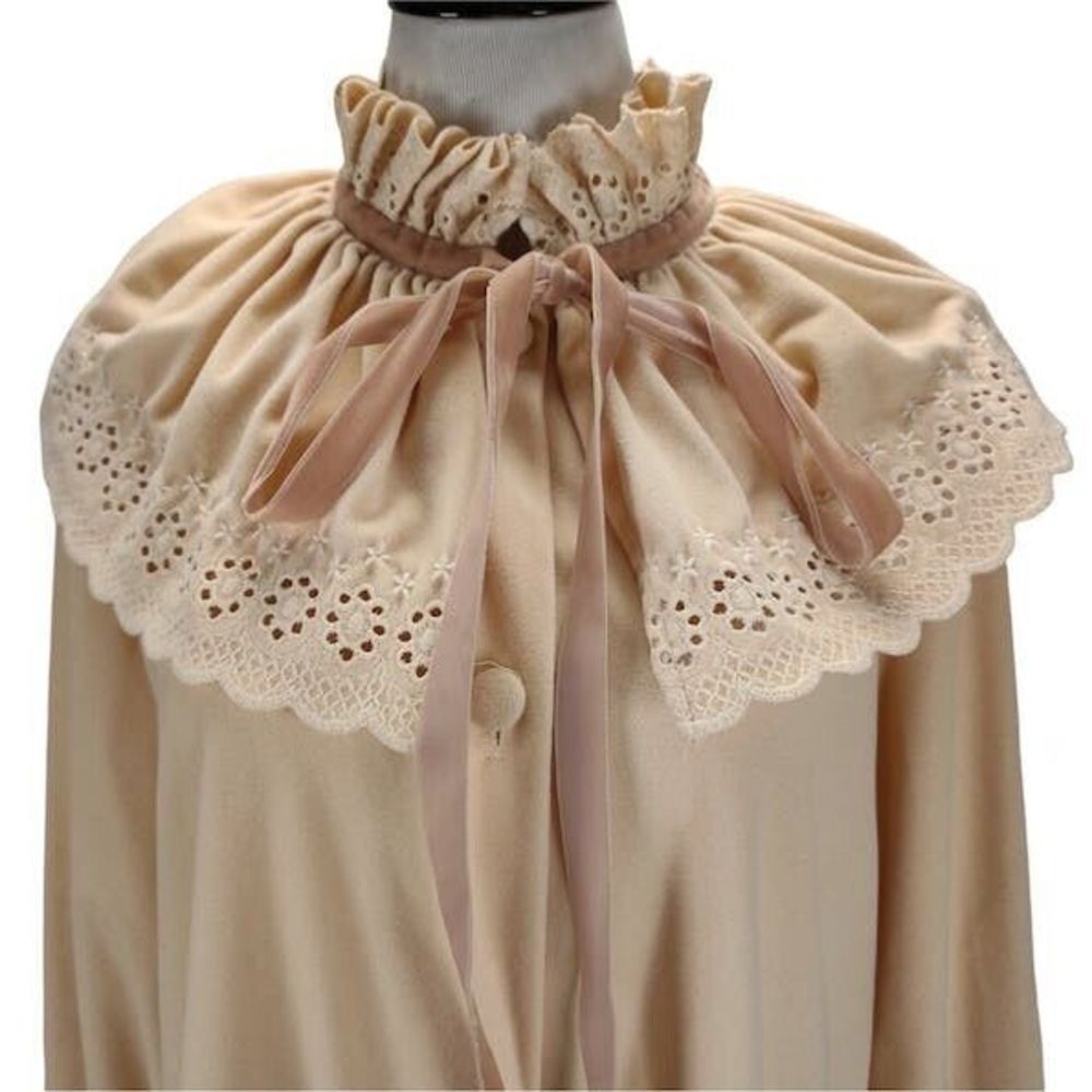 Vintage 70s Beige Cottagecore Housecoat Size L Beige Velour Ruffle Collar Robe
